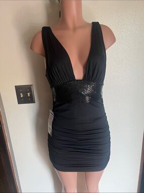 bebe Black Plunging Sequin-Waist Bodycon Mini Dress